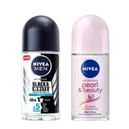 Nivea Pearl Beauty 50 ml Kadın Roll On Deodorant ve Men Black White Invisible Fresh 50 ml Erkek Roll On Deodorant