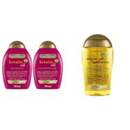 OGX Keratin Oil Kırılma Karşıtı Sülfatsız 2x385 ml Şampuan + OGX 100 ml Argan Oil Of Morocco Saç Bakım Yağı