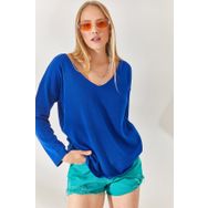 Olalook BLZ-19001586 Saks Mavi V Yaka Salaş Triko Bluz