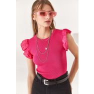 Olalook BLZ-19002254 Kadın Fuşya Kolu Fistolu Likralı Pamuk Bluz