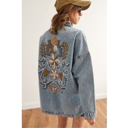 Olalook Kadın Mavi Sırtı Nakış Detaylı Oversize Denim Ceket CKT-19000435