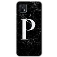 Oppo A15S Siyah Mermer Desenli P Harfi Baskılı Uyumlu Silikon Kılıf