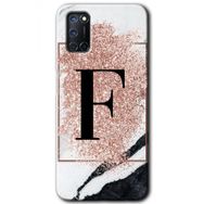Oppo A52 Pembe Mermer Desenli F Harfi Baskılı Uyumlu Silikon Kılıf
