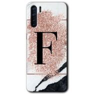 Oppo A91 Pembe Mermer Desenli F Harfi Baskılı Uyumlu Silikon Kılıf
