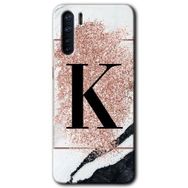 Oppo A91 Pembe Mermer Desenli K Harfi Baskılı Uyumlu Silikon Kılıf