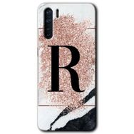Oppo A91 Pembe Mermer Desenli R Harfi Baskılı Uyumlu Silikon Kılıf