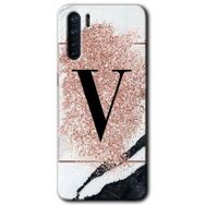 Oppo A91 Pembe Mermer Desenli V Harfi Baskılı Uyumlu Silikon Kılıf