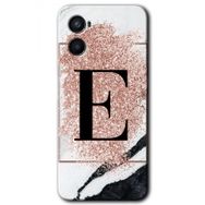 Oppo A96 Pembe Mermer Desenli E Harfi Baskılı Uyumlu Silikon Kılıf