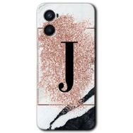 Oppo A96 Pembe Mermer Desenli J Harfi Baskılı Uyumlu Silikon Kılıf