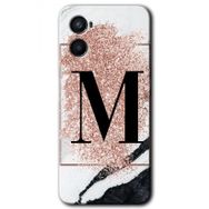 Oppo A96 Pembe Mermer Desenli M Harfi Baskılı Uyumlu Silikon Kılıf