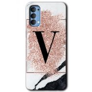 Oppo Reno 4 Pembe Mermer Desenli V Harfi Baskılı Uyumlu Silikon Kılıf