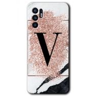 Oppo Reno 6 Pembe Mermer Desenli V Harfi Baskılı Uyumlu Silikon Kılıf