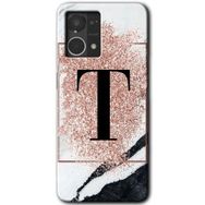 Oppo Reno 7 4G Pembe Mermer Desenli T Harfi Baskılı Uyumlu Silikon Kılıf