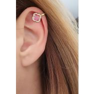 Oseshop Pembe Kedi Gözü Taşlı 925 Ayar Gümüş Üzerine Altın Kaplama İtalyan Sıkıştırmalı Earcuff Kıkırdak Küpesi