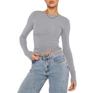OYIGELZ Crop Tops Y2K Casual Açık Gri-06 Uzun Kollu Yuvarlak Yaka Kadın T-shirt