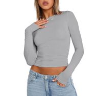 OYIGELZ Crop Tops Y2K Casual Açık Gri-R1 Uzun Kollu Yuvarlak Yaka Kadın T-shirt
