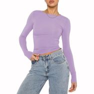 OYIGELZ Crop Tops Y2K Casual Açık Lila-06 Uzun Kollu Yuvarlak Yaka Kadın T-shirt