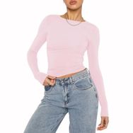 OYIGELZ Crop Tops Y2K Casual Açık Pembe-06 Uzun Kollu Yuvarlak Yaka Kadın T-shirt