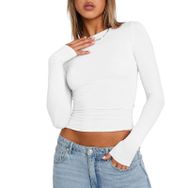 OYIGELZ Crop Tops Y2K Casual Beyaz-R1 Uzun Kollu Yuvarlak Yaka Kadın T-shirt