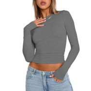 OYIGELZ Crop Tops Y2K Casual Gri-R1 Uzun Kollu Yuvarlak Yaka Kadın T-shirt