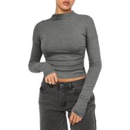 OYIGELZ Crop Tops Y2K Casual Koyu Gri-L1 Uzun Kollu Yuvarlak Yaka Kadın T-shirt