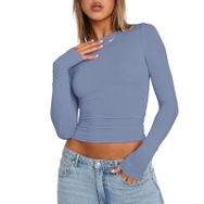 OYIGELZ Crop Tops Y2K Casual Sis Mavi-R1 Uzun Kollu Yuvarlak Yaka Kadın T-shirt