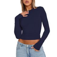 OYIGELZ Crop Tops Y2K Casual Tibet Mavisi-R1 Uzun Kollu Yuvarlak Yaka Kadın T-shirt