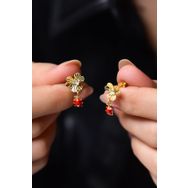 Papatya Silver 925 Ayar Gold Kaplama Kristal Kesim Uğur Böcekli Frezya Çiçeği Gümüş Küpe