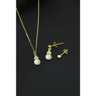 Papatya Silver 925 Ayar Gümüş Gold Kaplama Beyaz Opal Yuvarlak Kolye Çivili ve Top Küpe Set