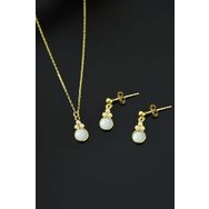 Papatya Silver 925 Ayar Gümüş Gold Kaplama Beyaz Opal Yuvarlak Kolye ve Çivili Küpe Set