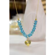 Papatya Silver 925 Ayar Gümüş Gold Kaplama Dorika Toplu, Mavi Cam Yaz Rengi Boncuk Taşlı Kristal Kesim Kalp Kolye