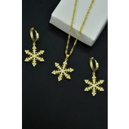 Papatya Silver 925 Ayar Gümüş Gold Kaplama Singapur Zincir Opal Kar Tanesi Kadın Kolye ve Küpe Set