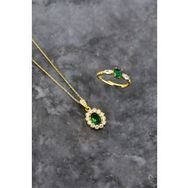 Papatya Silver 925 Ayar Gümüş Gold Kaplama Yeşim Renkli Taş Tepelikli Oval Tasarım Kolye ve Kalp Yüzük Set