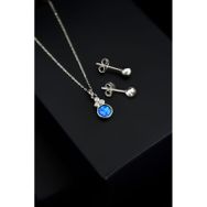 Papatya Silver 925 Ayar Gümüş Mavi Opal Yuvarlak Kolye Çivili Top Küpe Set