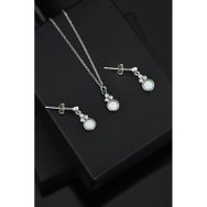 Papatya Silver 925 Ayar Gümüş Rodyum Kaplama Beyaz Opal Yuvarlak Kolye ve Çivili Küpe Set