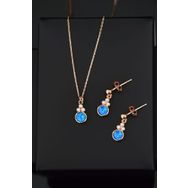 Papatya Silver 925 Ayar Gümüş Rose Kaplama Mavi Opal Yuvarlak Kolye ve Çiftli Küpe
