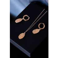 Papatya Silver 925 Ayar Gümüş Rose Kaplama Plaka Göz Kirpik Halka Küpe Ve Kolye Set