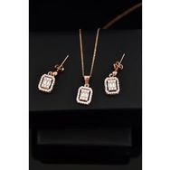 Papatya Silver 925 Ayar Gümüş Rose Kaplama Zirkon Baget Taşlı Çivili Küpe ve Tepelikli Baget Kare Taş Kolye Set