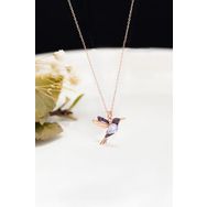 Papatya Silver 925 Ayar Rose Kaplama Beyaz Mor Taşlı Kuş Gümüş Kolye