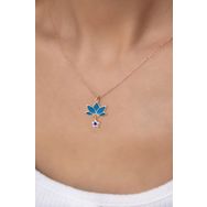 Papatya Silver 925 Ayar Rose Kaplama Parlayan Rüya Serisi Tasarım Ebruli Mavi Cam Boyalı Çiçek Lotus Kadın Gümüş Kolye