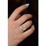 Papatya Silver UVPTS400031 925 Ayar Gold Kaplama Ayarlanabilir Renkli Mineli Kalp Gümüş Yüzük
