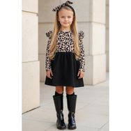 Parla Kids ELB-0059 Leopar Desenli Uzun Kollu Fırfırlı Kız Çocuk Elbise Bandana Takım