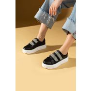Pembe Potin 001-8282-24 Çift Bant Taş Detaylı Kalın Taban Siyah Kadın Sneaker