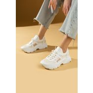 Pembe Potin 59-3456-24 Triko Desenli Bağcıklı Kalın Taban Tarz Beyaz Kadın Sneaker