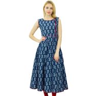 Phagun Anarkali Kurti Etnik Pamuk Şal Desenli Tasarımcısı Lacivert Beyaz Kadın Elbise