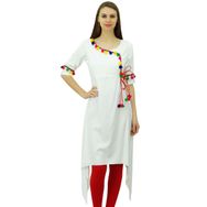 Phagun Angrakha Tarzı Suni İpek Kurta Ponpon Tasarımcı Kurti Beyaz Kadın Tunik