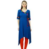 Phagun Angrakha Tarzı Suni İpek Kurta Ponpon Tasarımcı Kurti Mavi Kadın Tunik