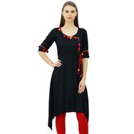 Phagun Angrakha Tarzı Suni İpek Kurta Ponpon Tasarımcı Kurti Siyah Kadın Tunik