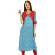 Phagun Bollywood Hintli Tasarımcı Kurta Kadın Etnik Kurti Pamuk Aqua Blue ve Kırmızı Kadın Tunik Elbise