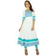 Phagun Bollywood Kurta Hintli Tasarımcı Kadın Etnik Kurti Pamuk Beyaz ve Mavi Kadın Tunik Elbise